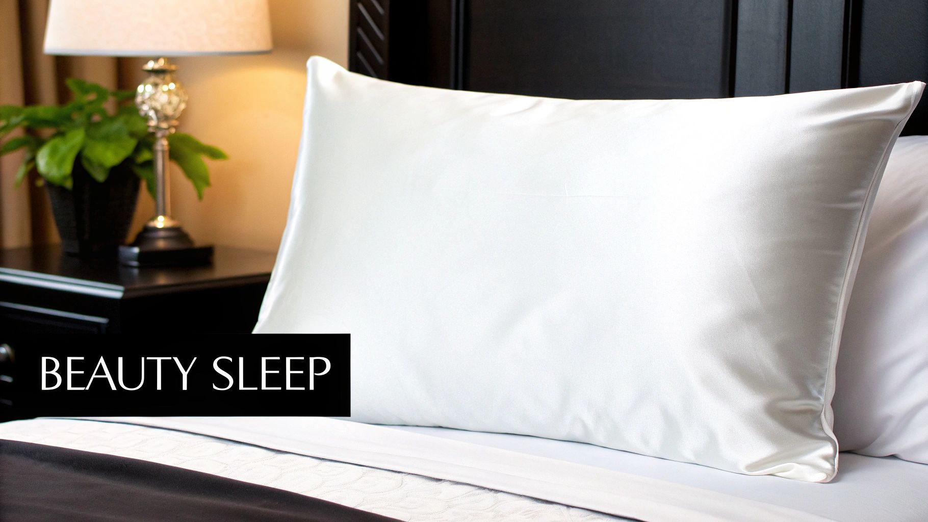 A luxurious silk pillowcase on a well-made bed, hinting at a restful night's sleep.