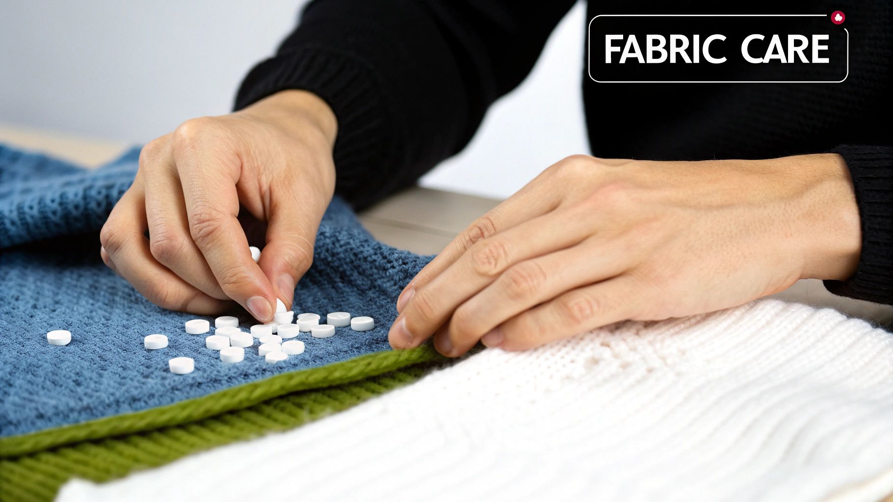 Close-up of hands carefully removing small white lint pills from a blue knitted sweater, demonstrating fabric care.