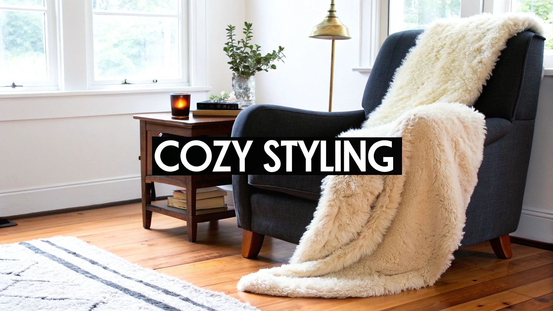 A cozy living room featuring a dark grey armchair draped with a cream sheepskin rug, a side table, and a lit candle.