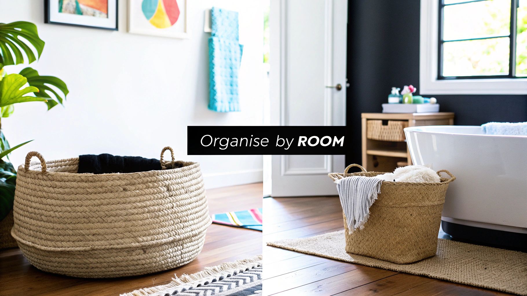 Versatile woven baskets for organizing items in various home rooms like living and bathroom.