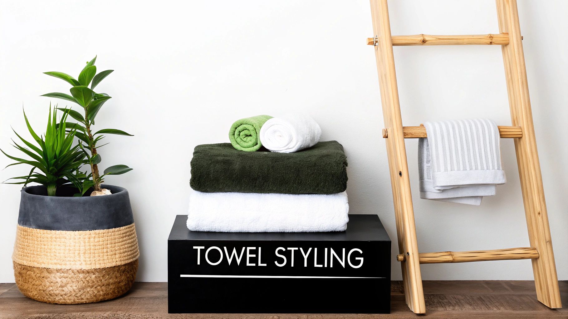 A stylish display of folded and rolled bath towels in green and white, next to a potted plant and a wooden ladder with a striped towel.