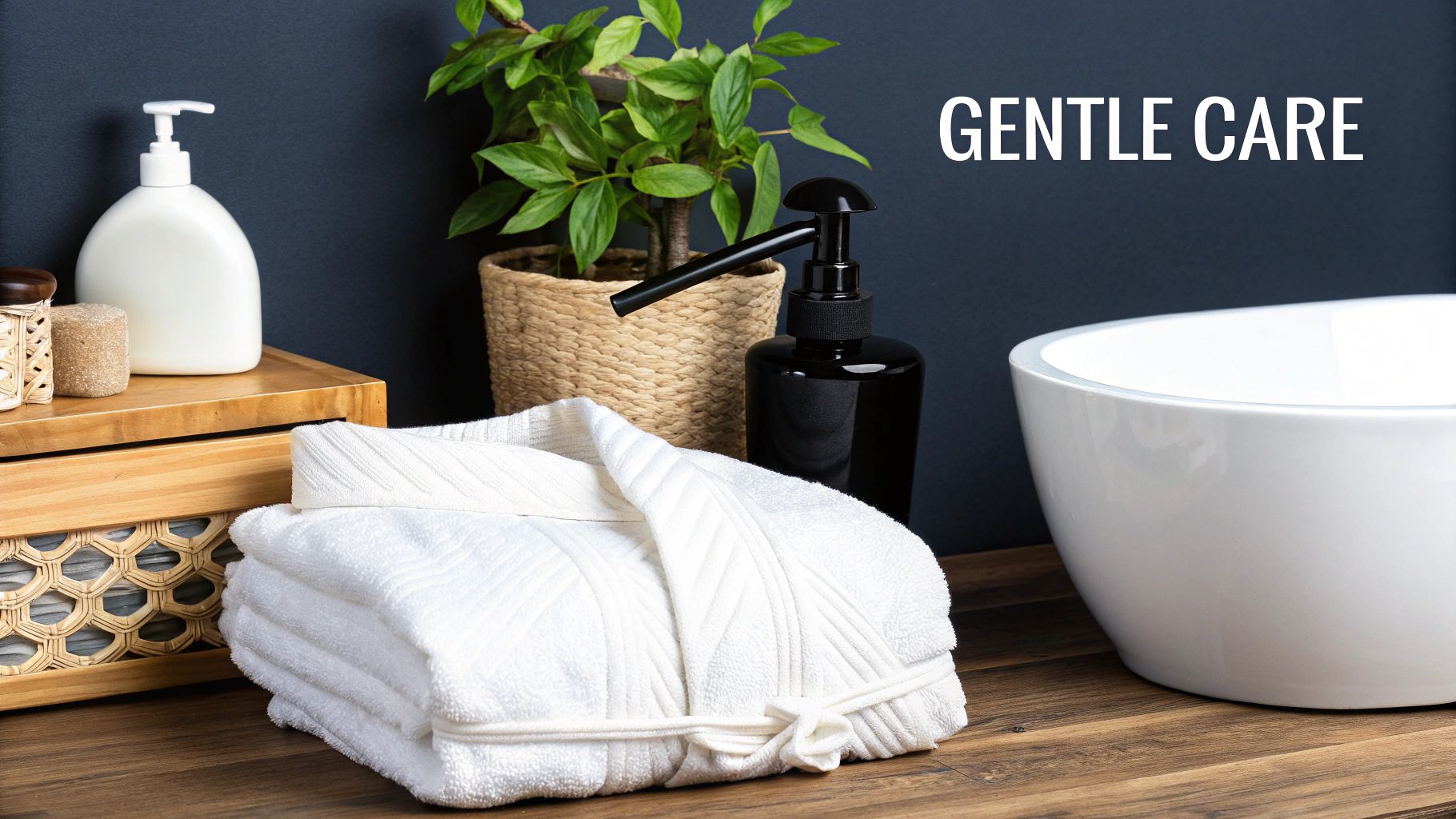 A luxurious white folded bathrobe and soft towels in a modern bathroom spa setting with dispensers.