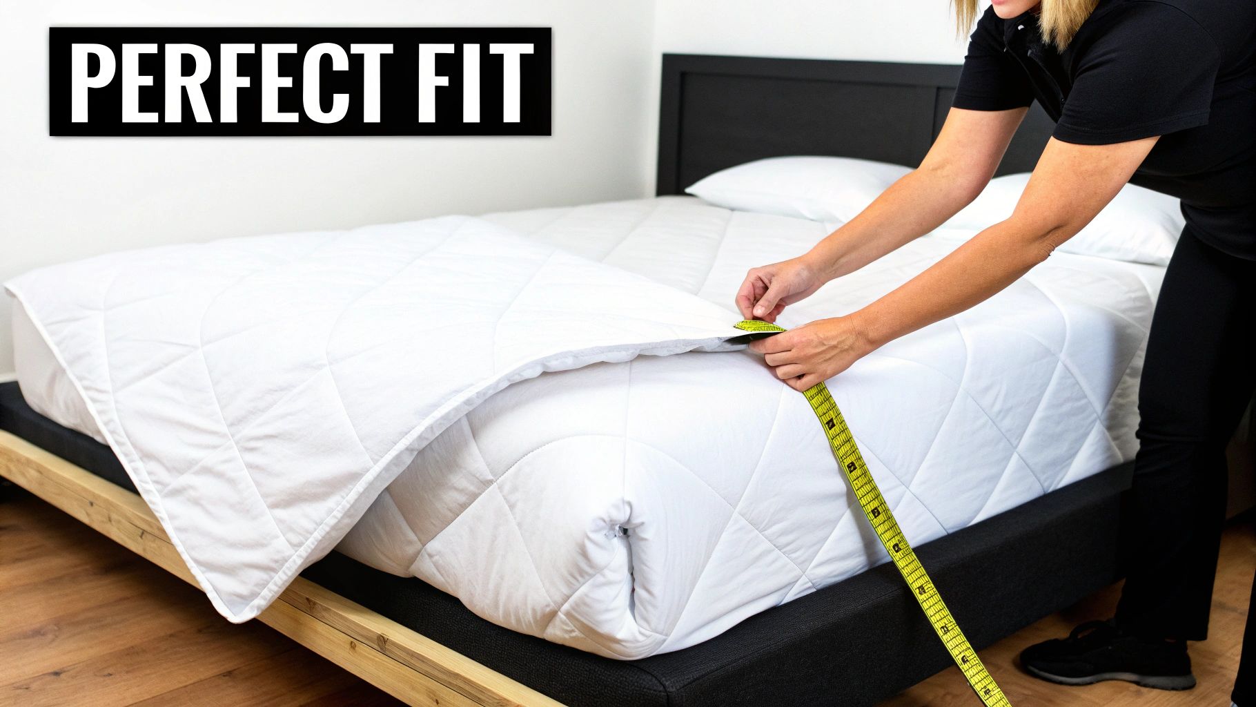 Person measuring a white quilted duvet cover on a bed to ensure a perfect fit.
