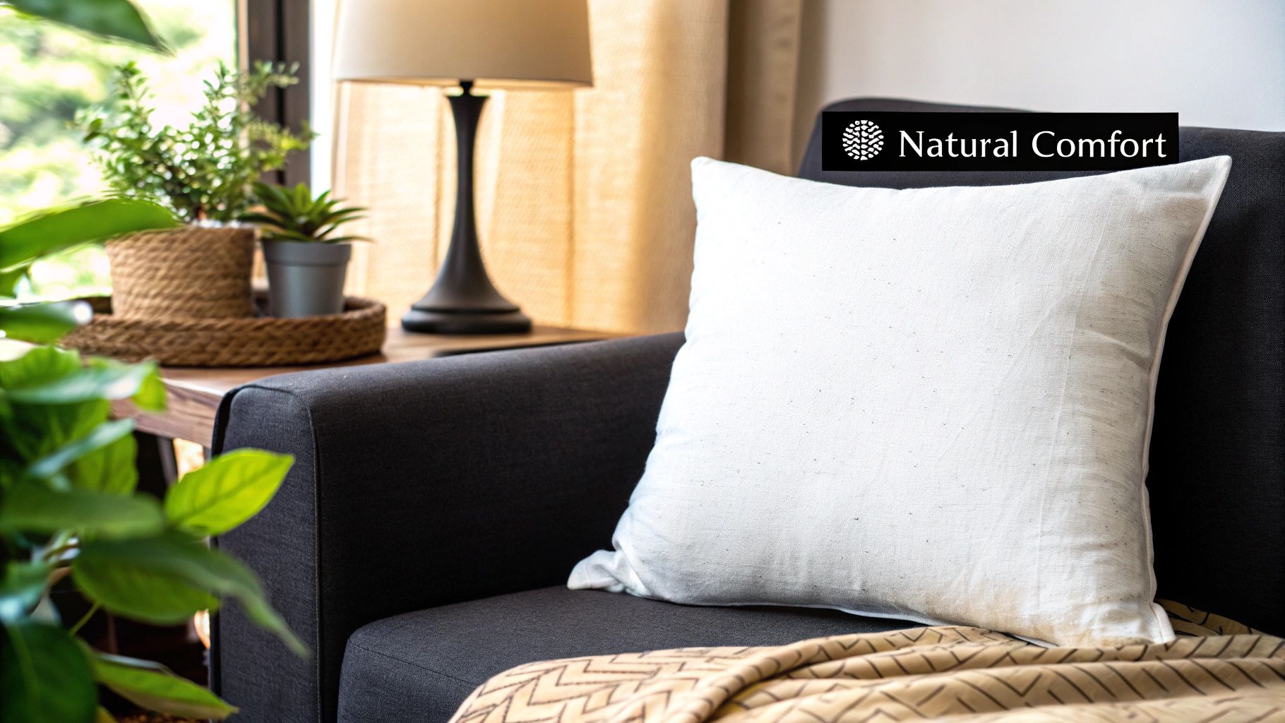 An assortment of plush linen cushion covers in various neutral tones stacked neatly on a wooden shelf