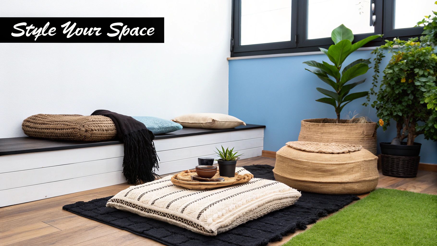 Modern bohemian living space with floor cushions, woven baskets, and plants on blue accent wall