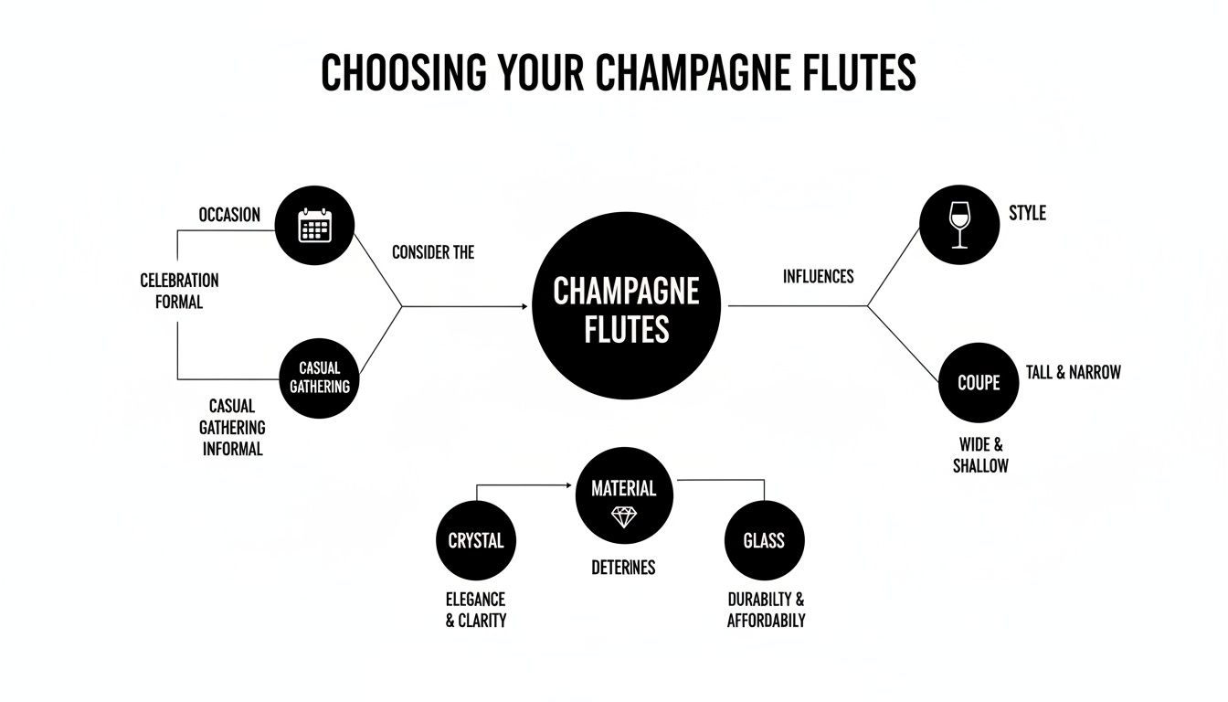 A flowchart titled 'Choosing Your Champagne Flutes' detailing selection based on occasion, material, and style.