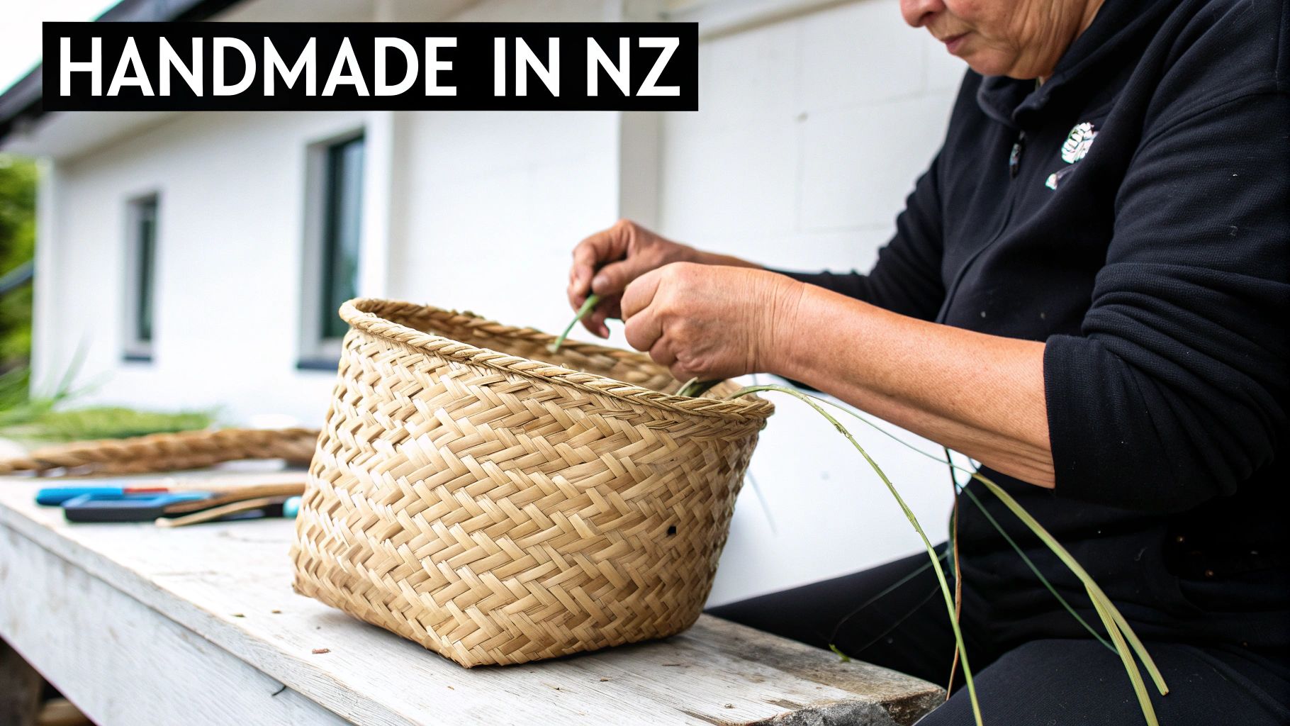 A person with tanned arms carefully weaving a natural fiber basket, showcasing handmade craftsmanship in NZ.