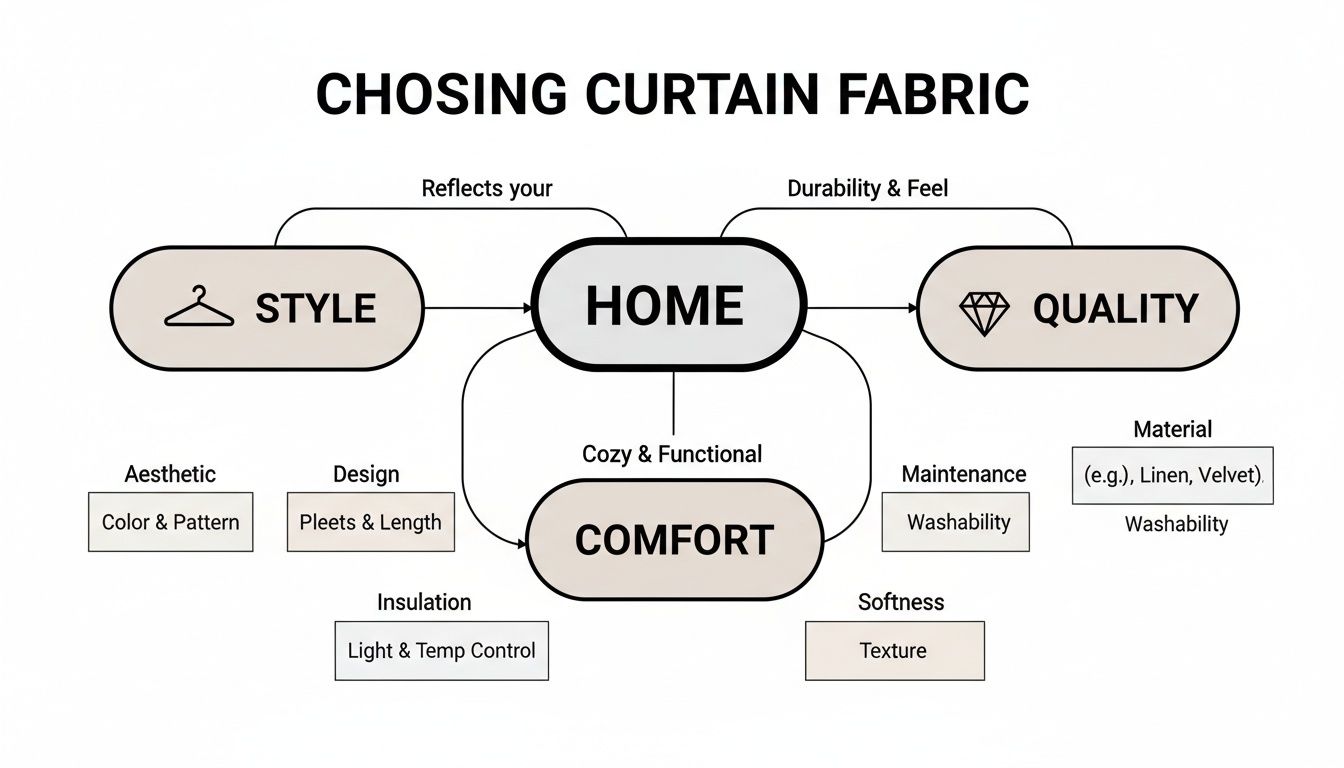 Flowchart illustrating key factors for choosing curtain fabric: style, quality, and comfort for your home.