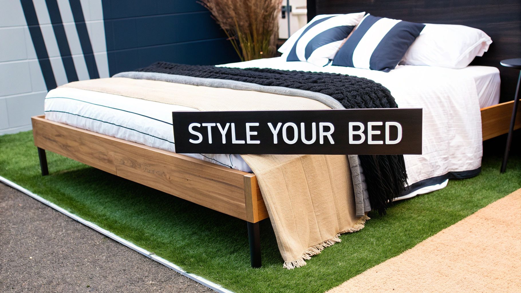 A modern bed with striped pillows and layered blankets on a wooden frame, featuring a 'STYLE YOUR BED' sign.