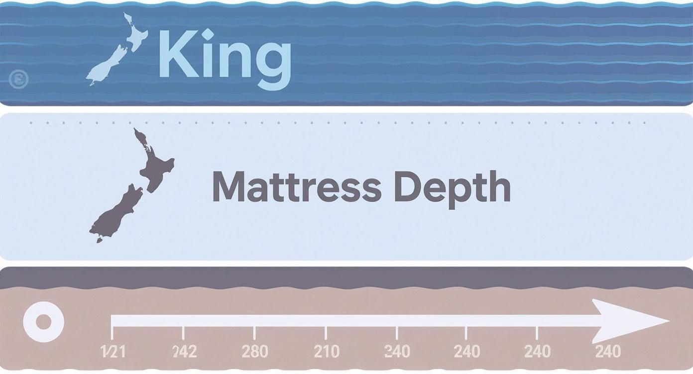 A graphic showing 'King Mattress Depth' with a map of New Zealand and a measurement scale.