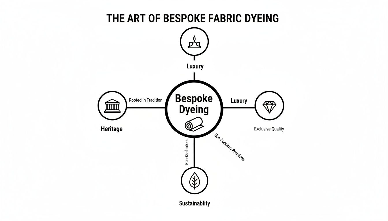 A diagram titled 'The Art of Bespoke Fabric Dyeing', linking bespoke dyeing to Luxury, Heritage, and Sustainability.