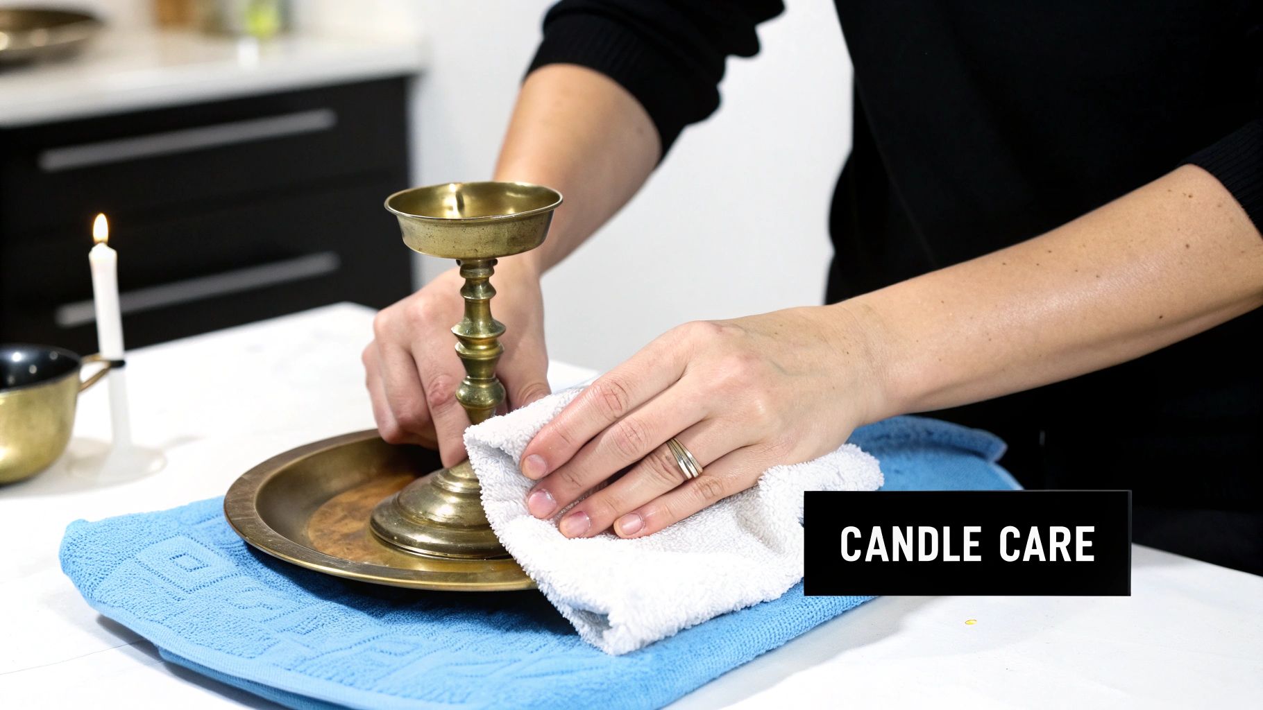 A person's hands gently wipe a brass candle holder on a tray with a white cloth, demonstrating candle care.