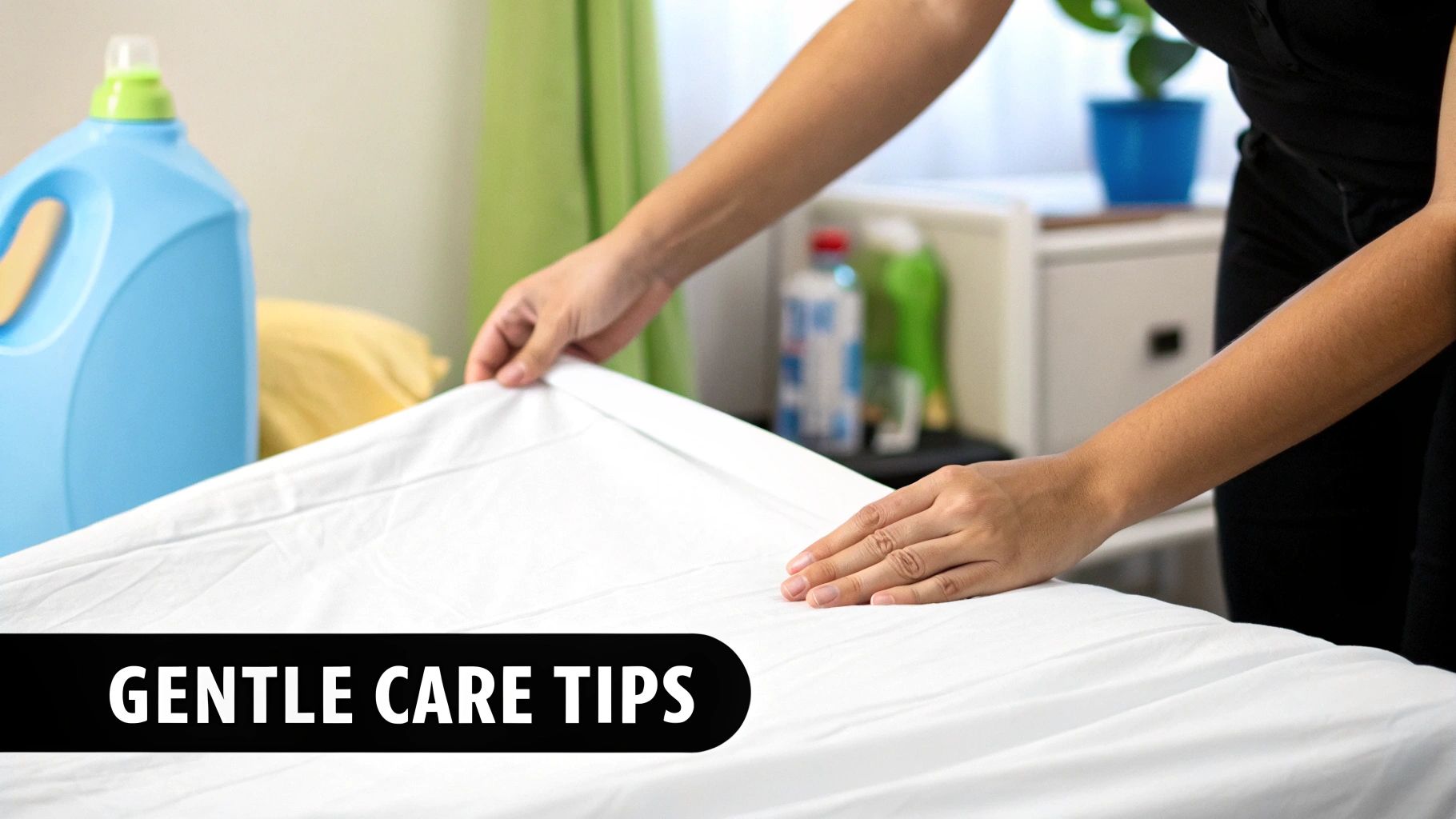 Person's hands gently folding a white bed sheet, with laundry detergent nearby for gentle care.