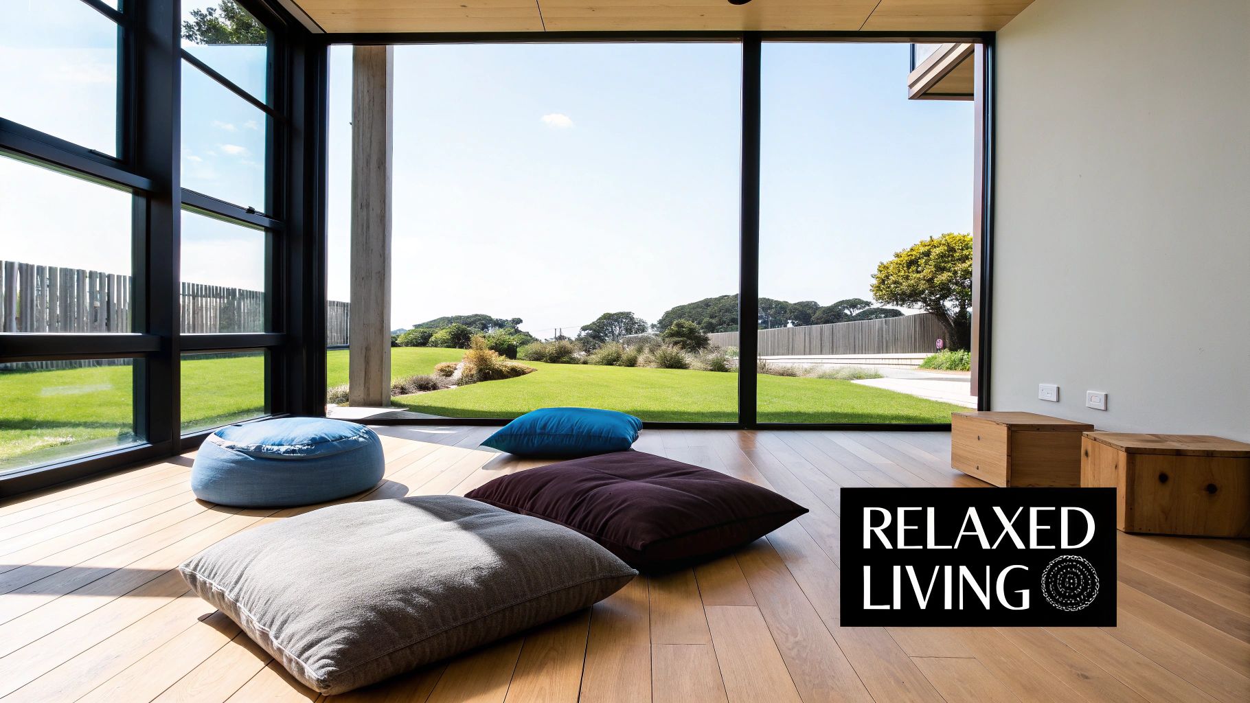 Modern minimalist living room with colorful floor cushions overlooking lush green landscape through floor-to-ceiling windows