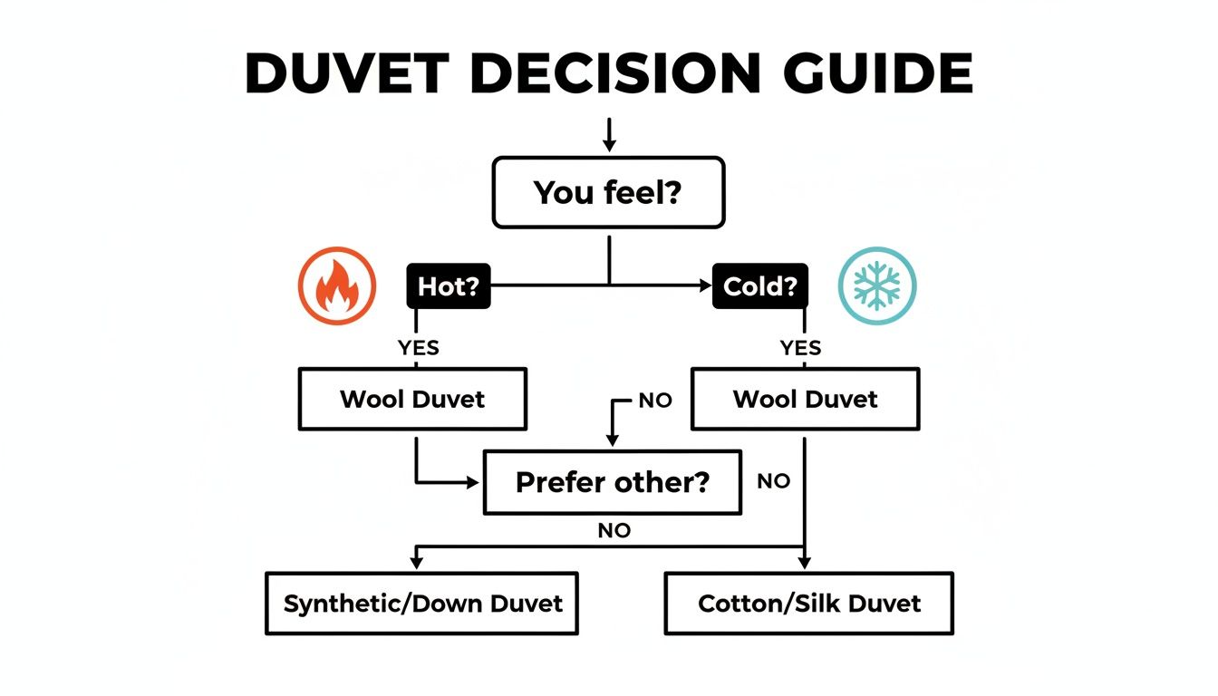 Duvet decision guide flowchart helping users choose between wool, synthetic, down, cotton, or silk duvets.