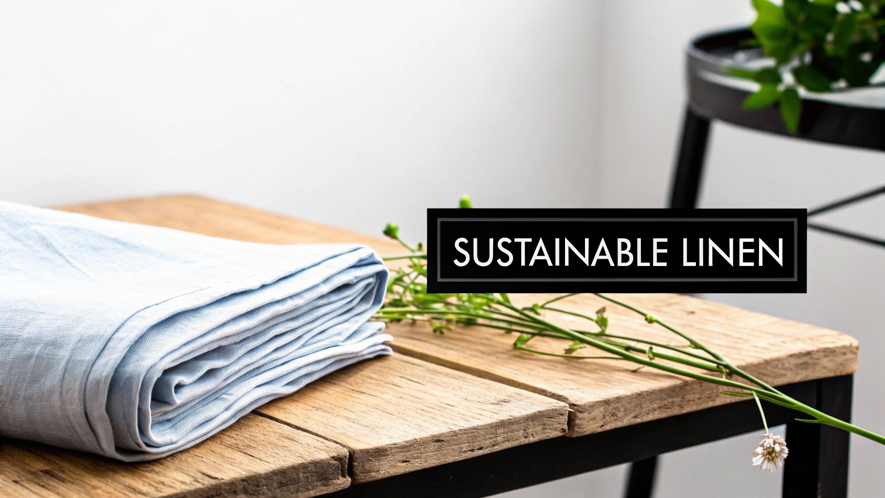 A light blue folded linen tablecloth on a rustic wooden table with green sprigs and text 'SUSTAINABLE LINEN'.