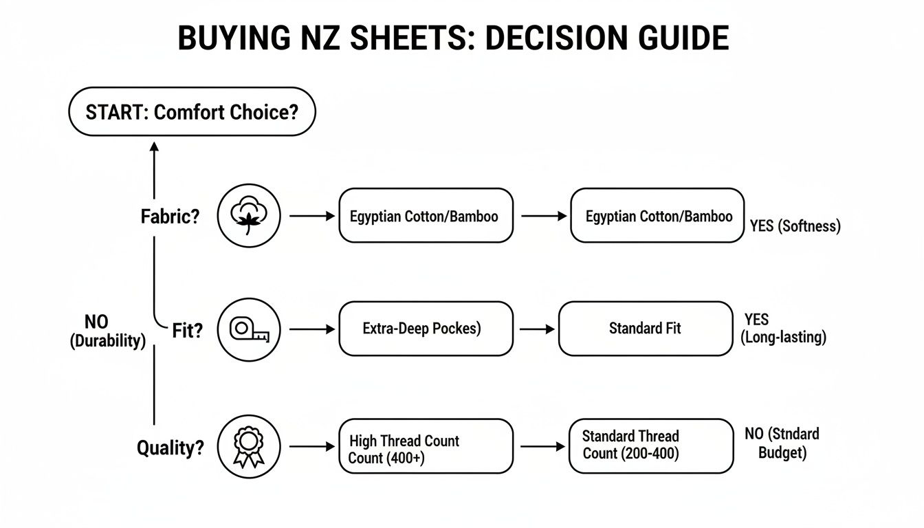 A decision guide flowchart for buying NZ sheets, detailing choices for fabric, fit, and quality.