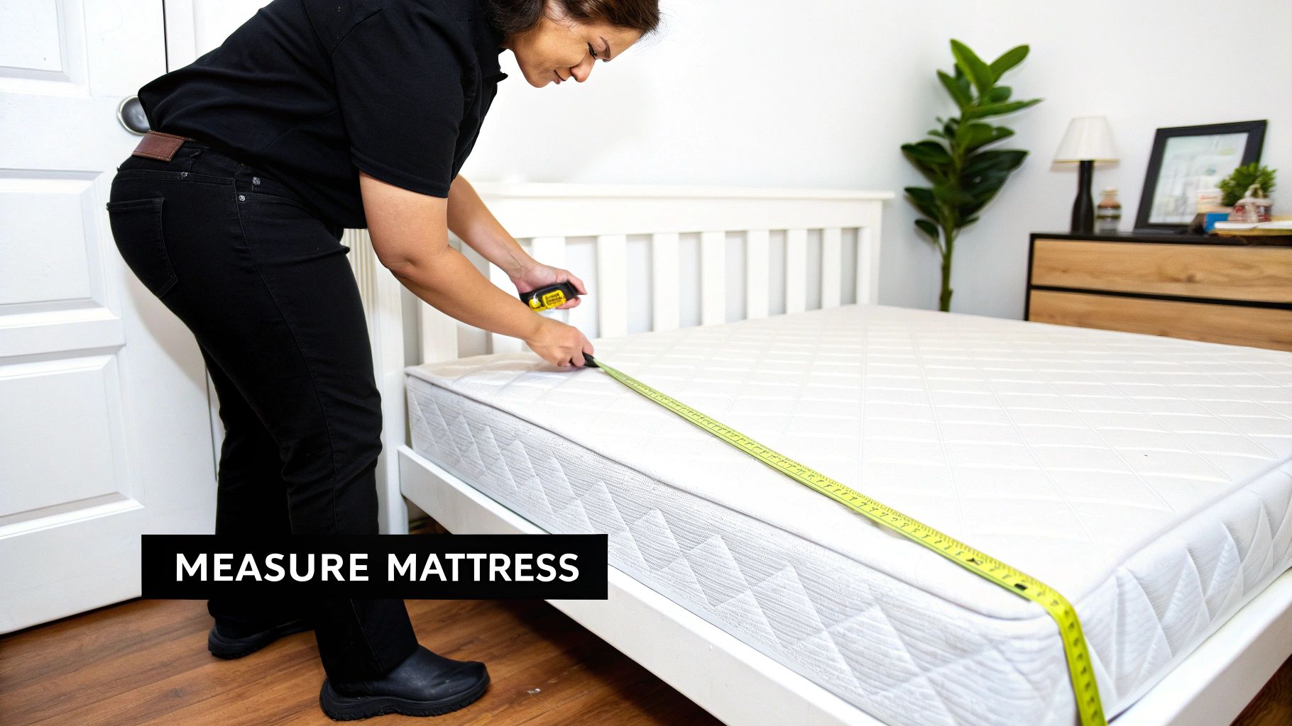 A person measuring the depth of a mattress with a tape measure.