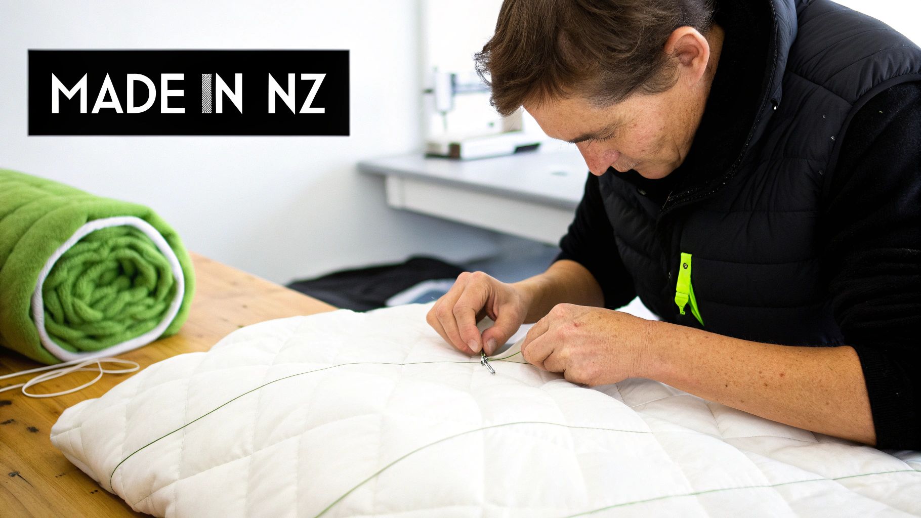 A person hand-sewing a white quilted duvet with green thread, next to a roll of green fabric, under a 'MADE IN NZ' sign.