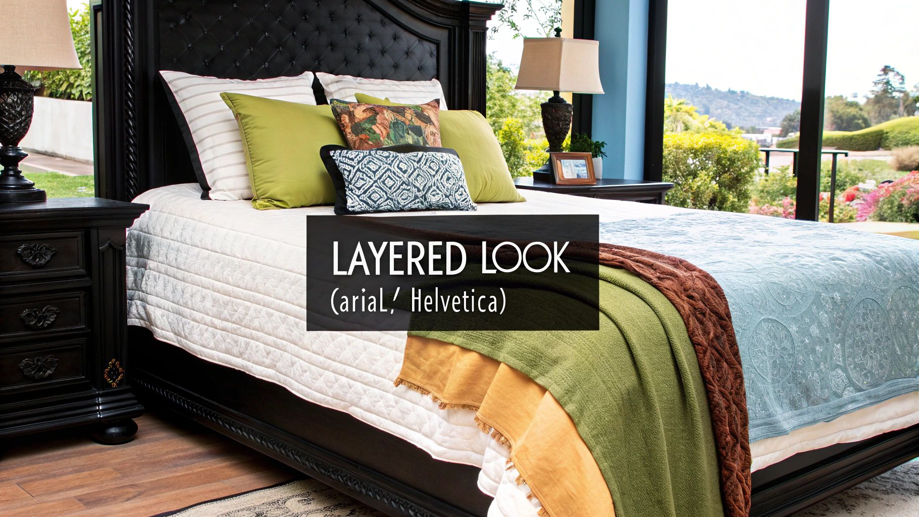 A luxurious dark wood bed with layered white, green, brown, and blue bedding and various pillows.