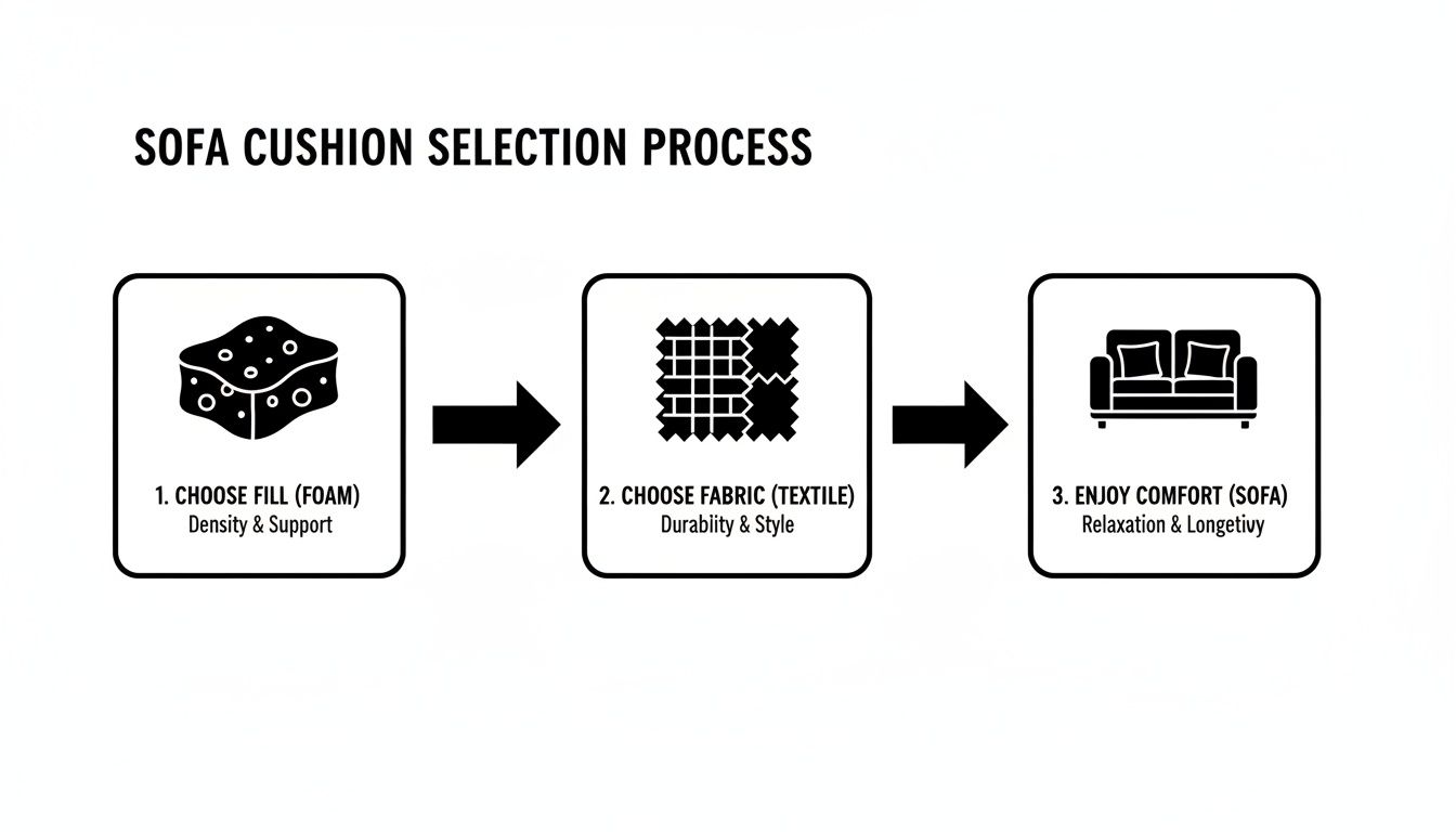 A three-step process for sofa cushion selection: choosing fill, fabric, and enjoying comfort.