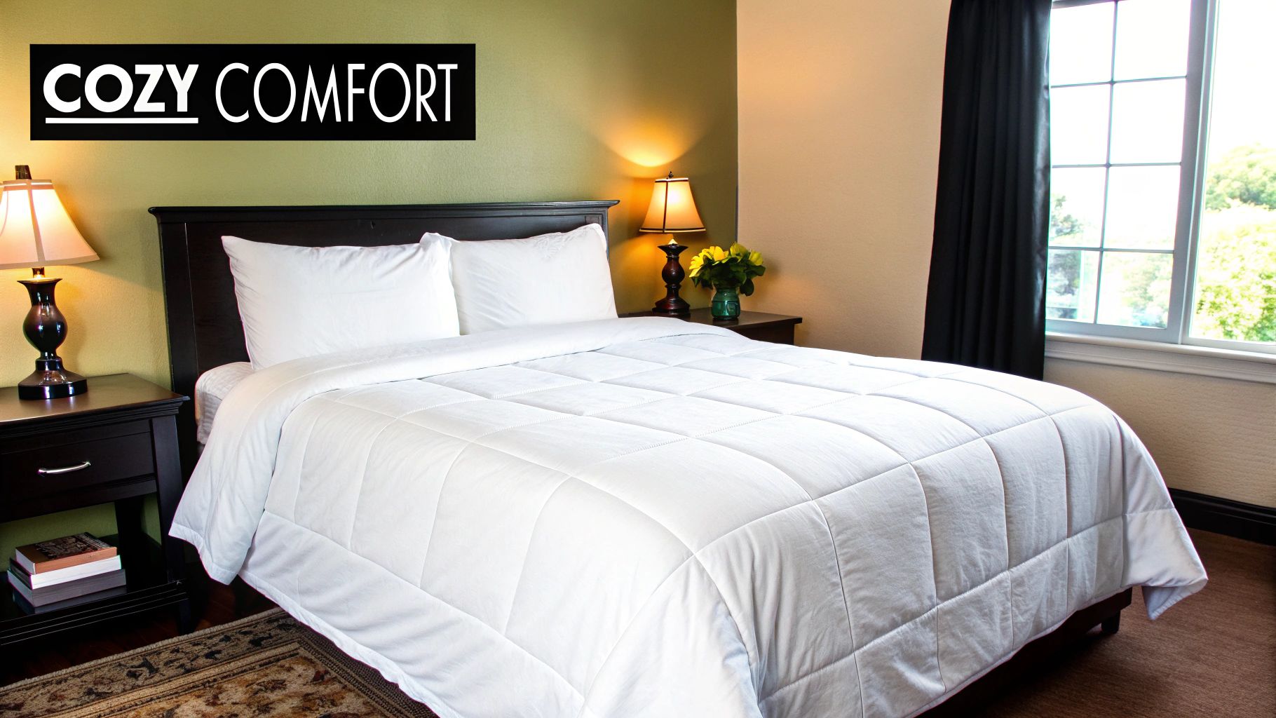 A close-up of a high-quality white duvet cover showing detailed stitching and fabric texture