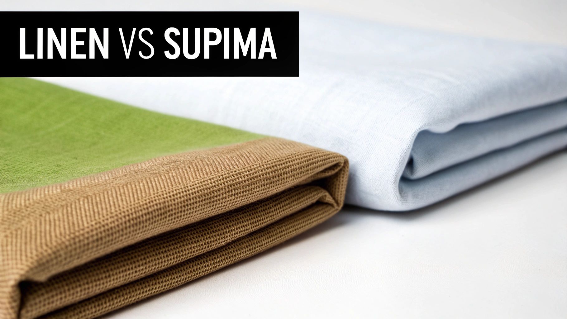 Two folded fabrics, light blue and green, displayed with text 'Linen vs Supima' for comparison.