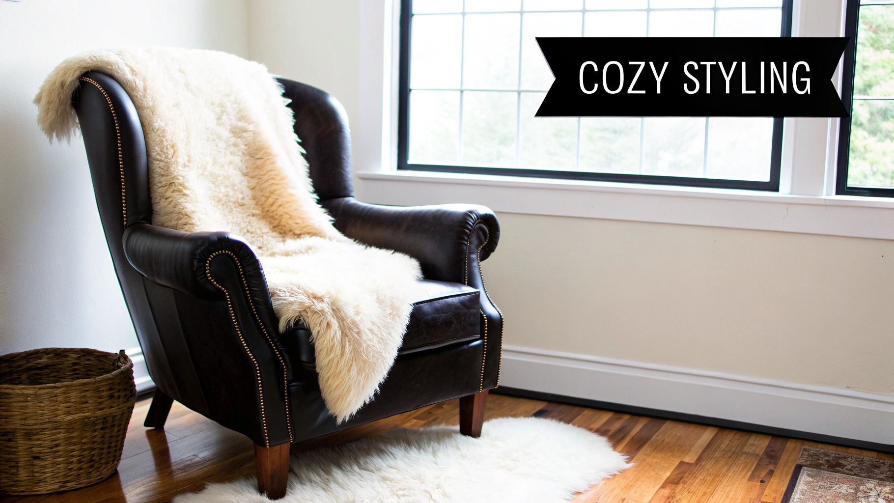 A plush sheepskin rug elegantly draped over a wooden chair in a stylish room