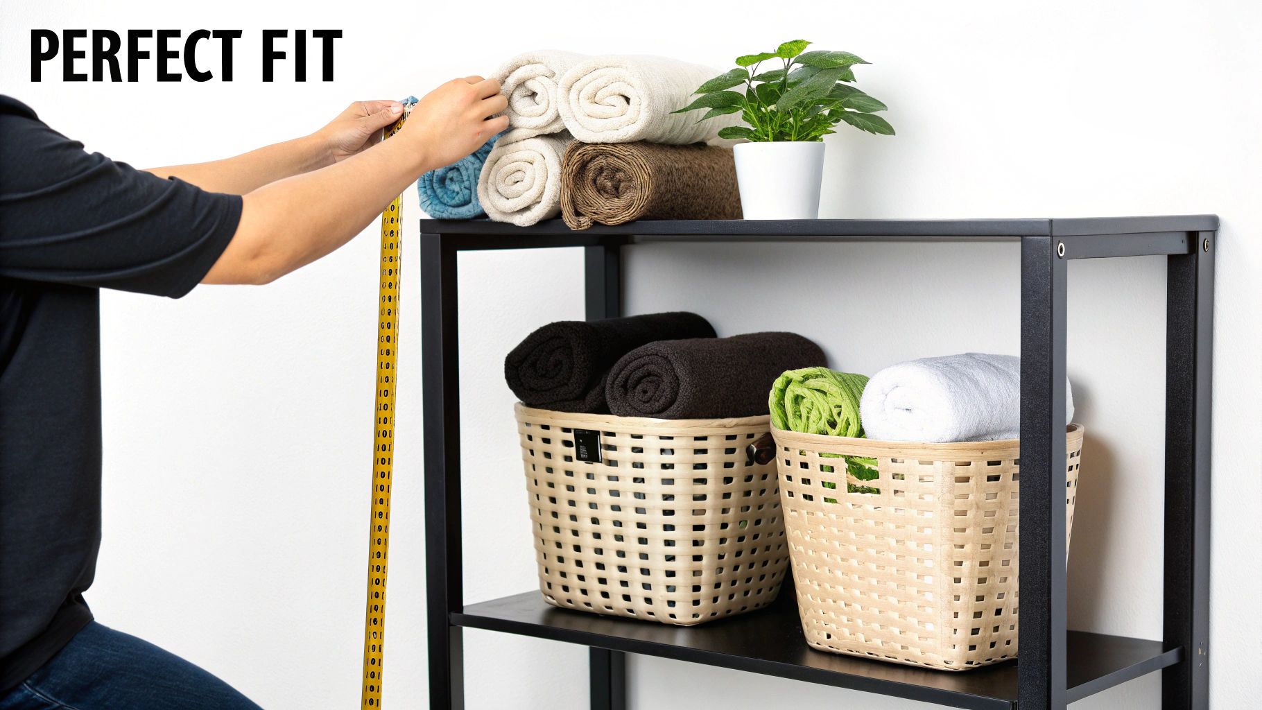 A person measures rolled towels on a black shelf with woven storage baskets, ensuring a perfect fit.