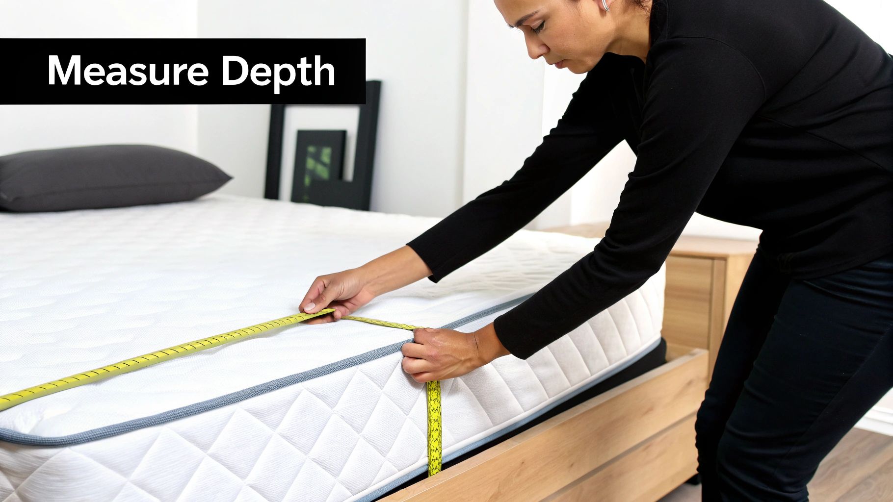 Person measuring the depth of a mattress with a tape measure.