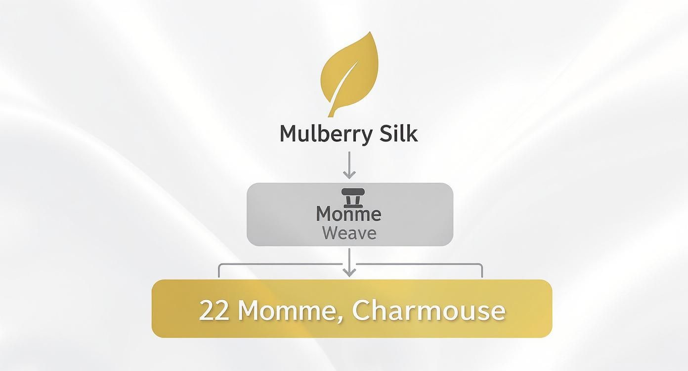 Flowchart detailing the silk production journey from mulberry silk to 22 momme charmeuse with monme weave.