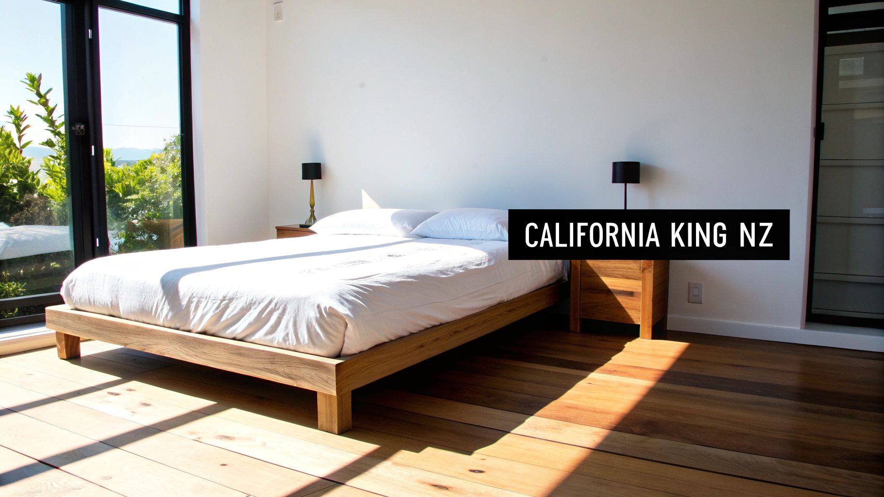 A modern, sunlit bedroom with a wooden California King bed, white sheets, and large windows.