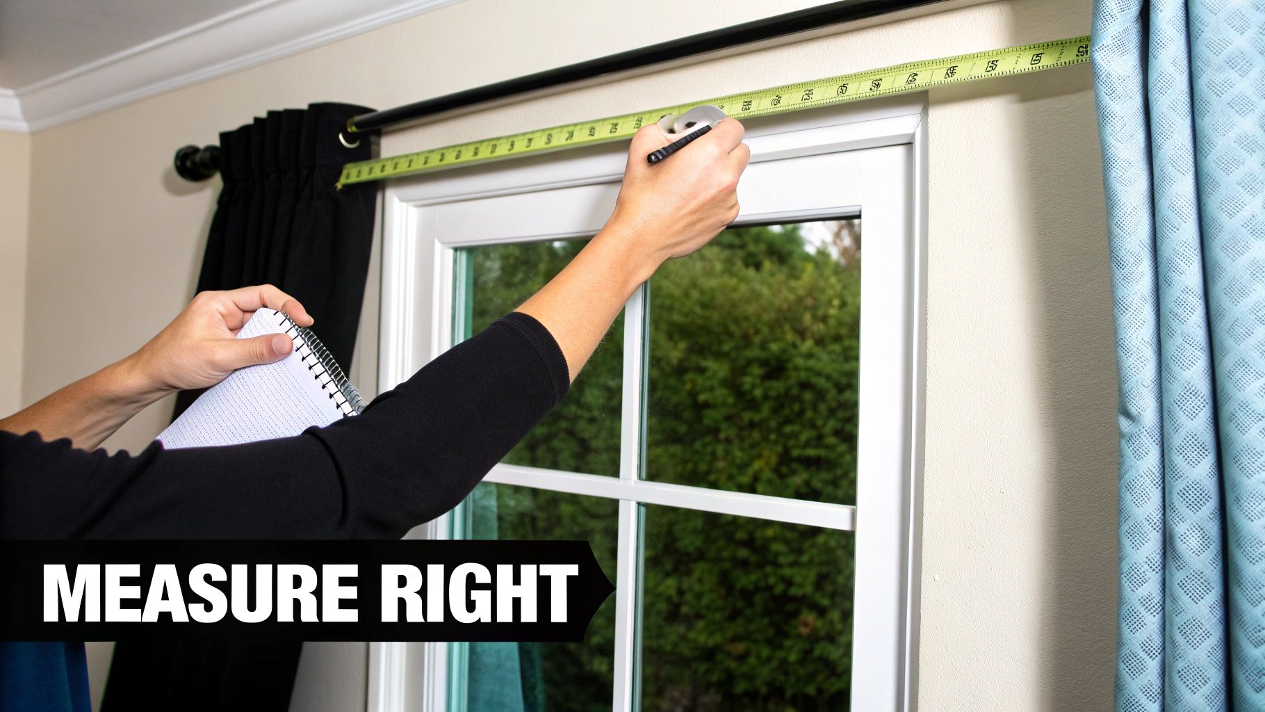 A person accurately measures a window frame with a tape measure while holding a notepad and pen.