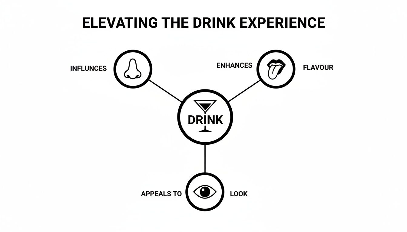 Diagram explaining how smell (nose), taste (flavour), and sight (look) elevate a drink's experience.