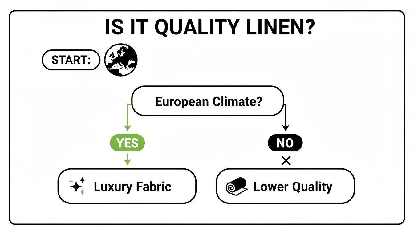 Flowchart determining quality linen: European climate yields luxury fabric, otherwise lower quality.