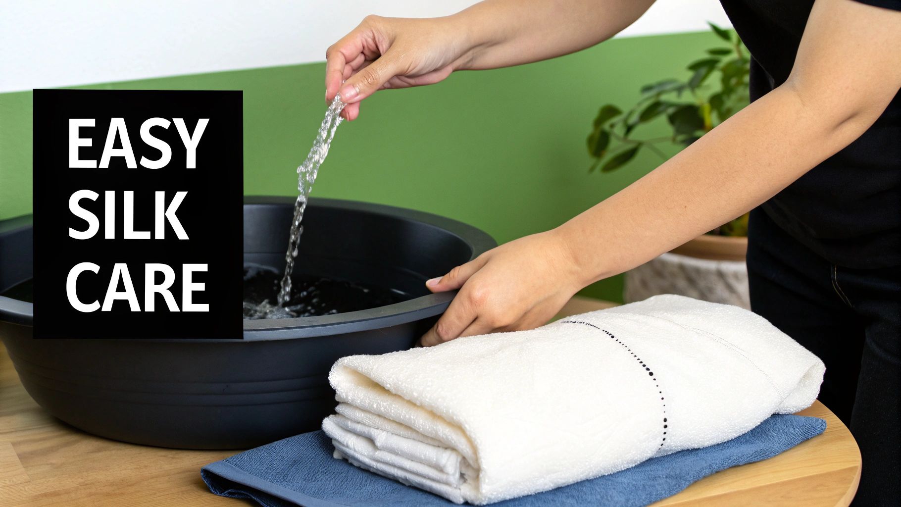 A person gently pours water into a black basin for easy silk care, with clean towels ready.