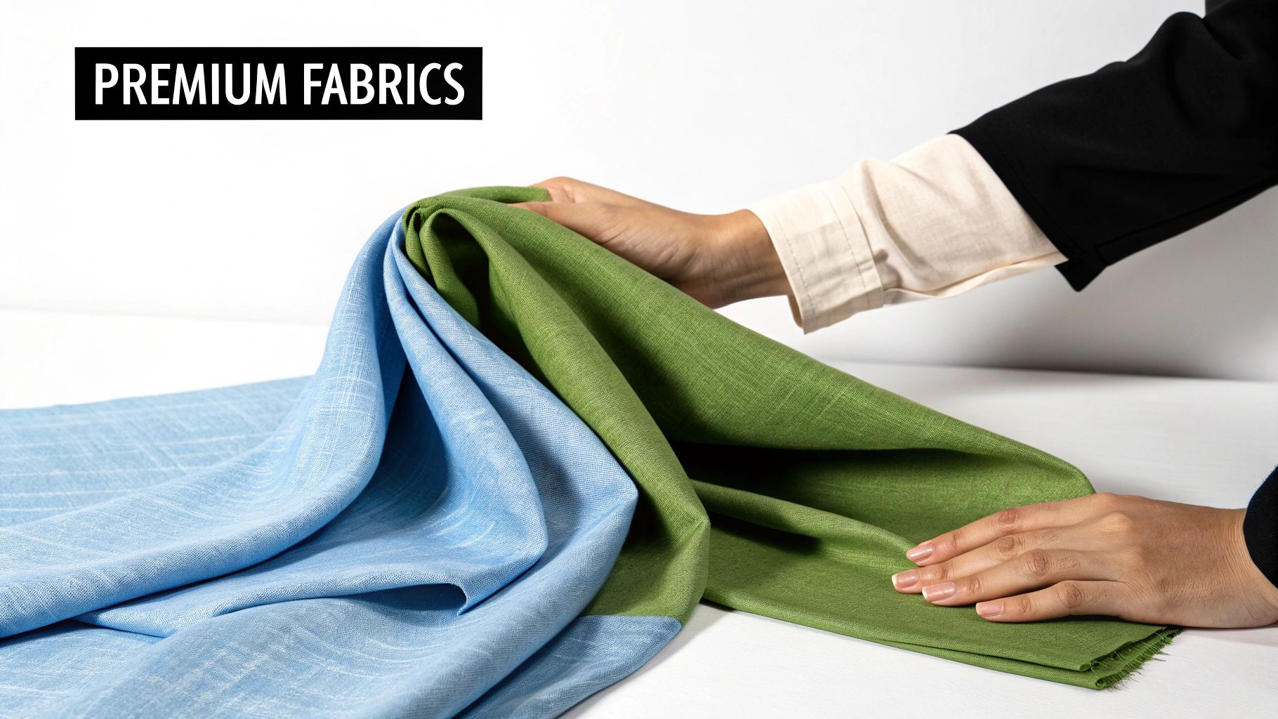 A person's hands delicately arrange textured blue and green premium fabrics on a white surface.