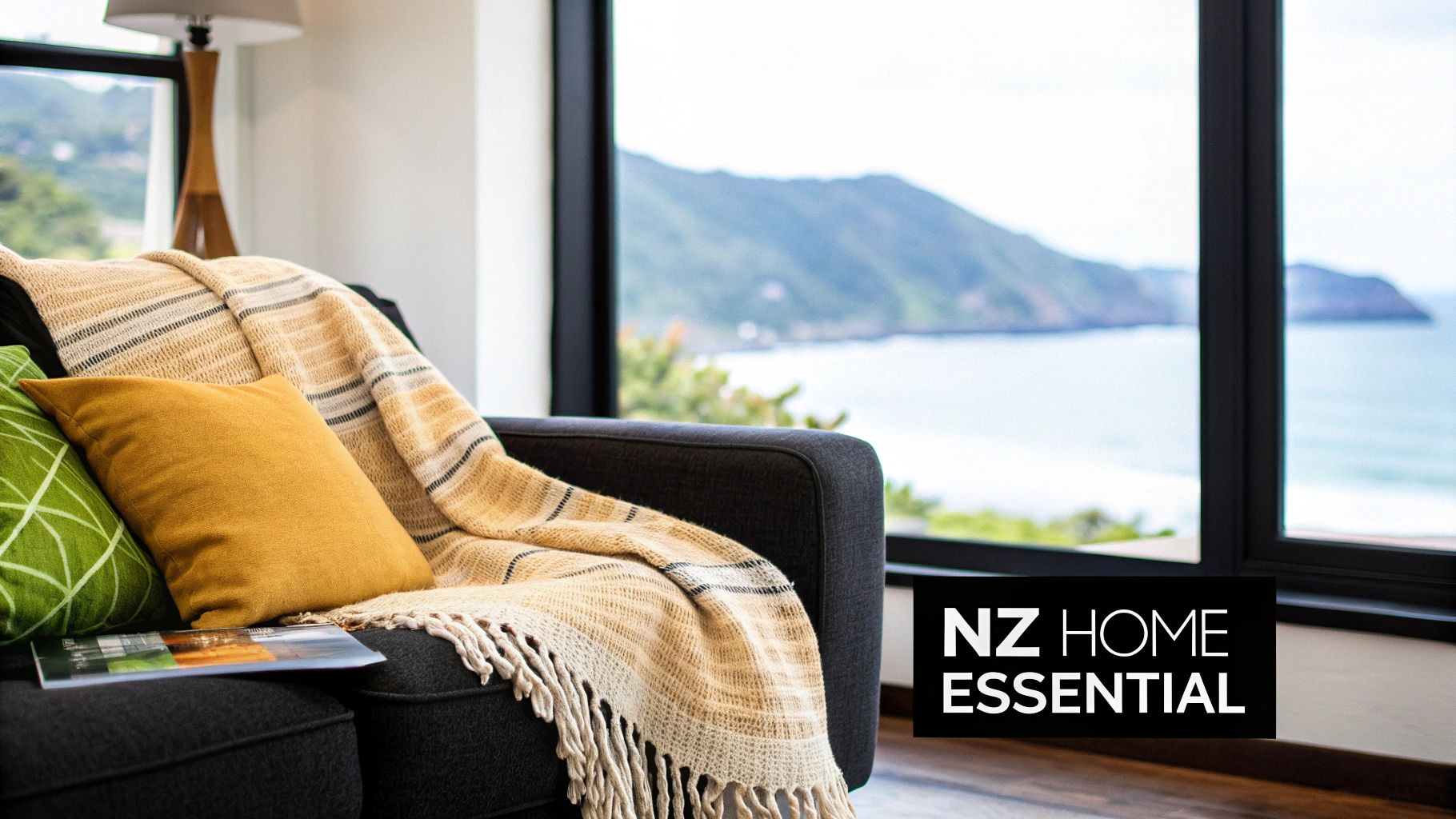 A modern living room features a dark sofa, a textured woollen throw, and vibrant pillows with a stunning sea view.