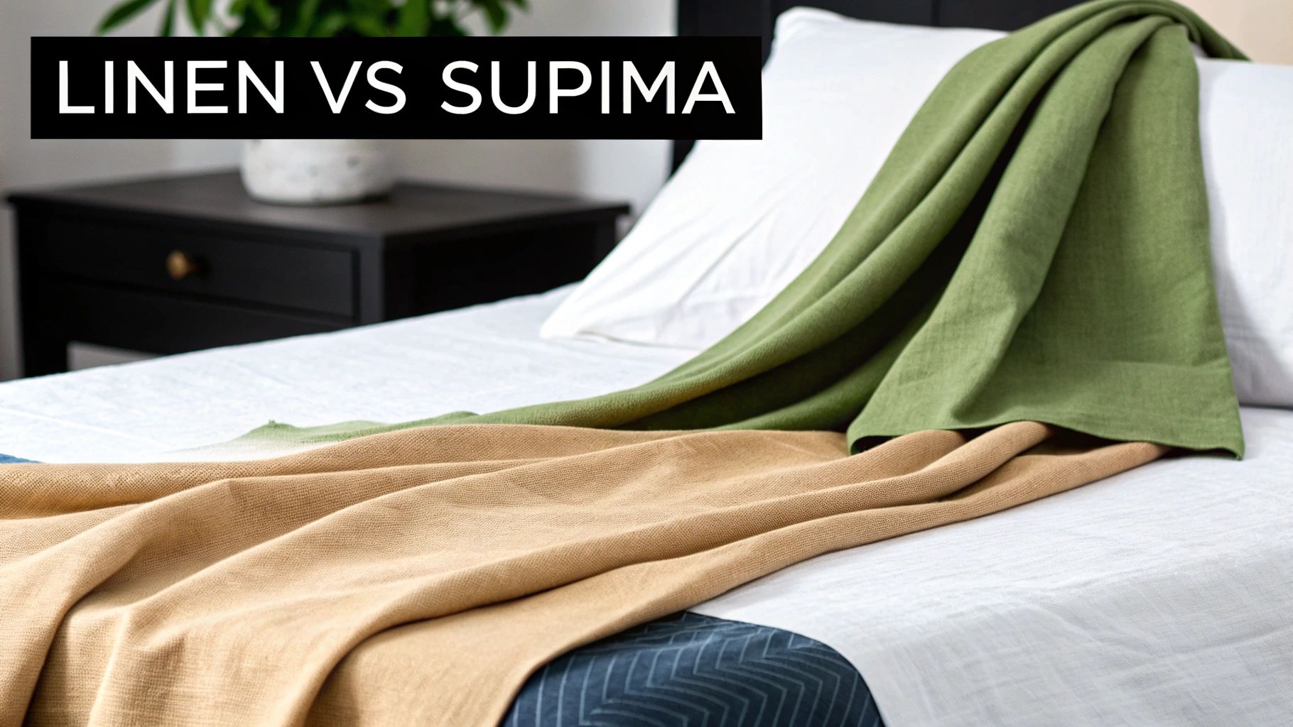 Two blankets, one green, one tan, draped over white bedding with 'LINEN VS SUPIMA' text.