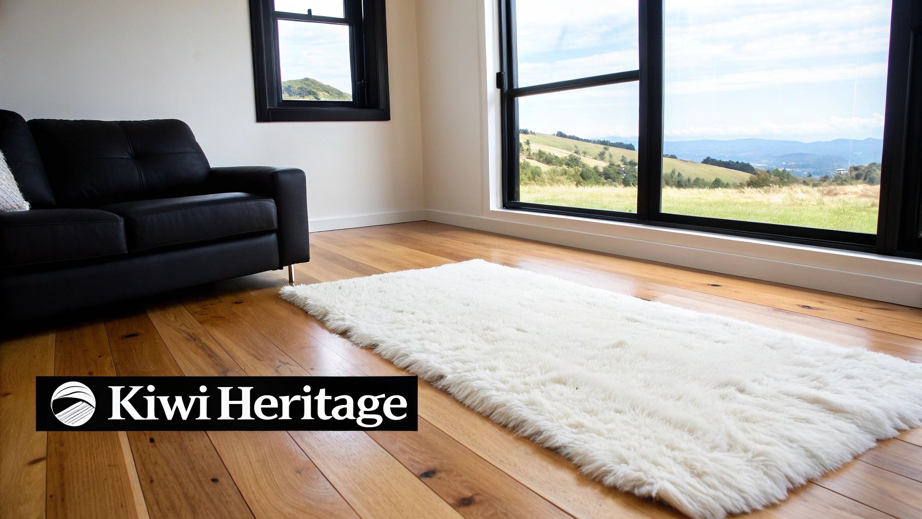 A luxurious white fluffy sheepskin rug on light wooden floors in a bright room with a scenic view.