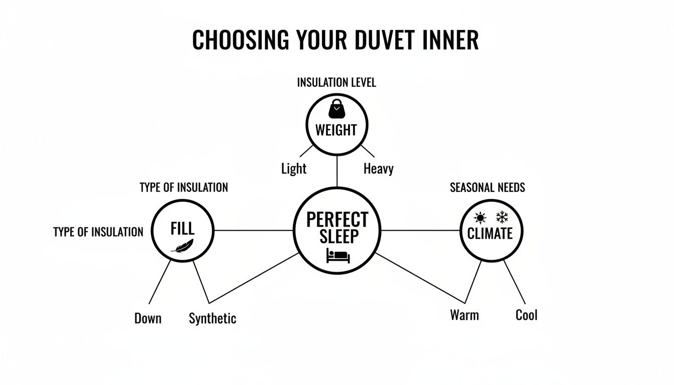 Diagram explaining how to choose a duvet inner based on insulation level, fill type, and climate.
