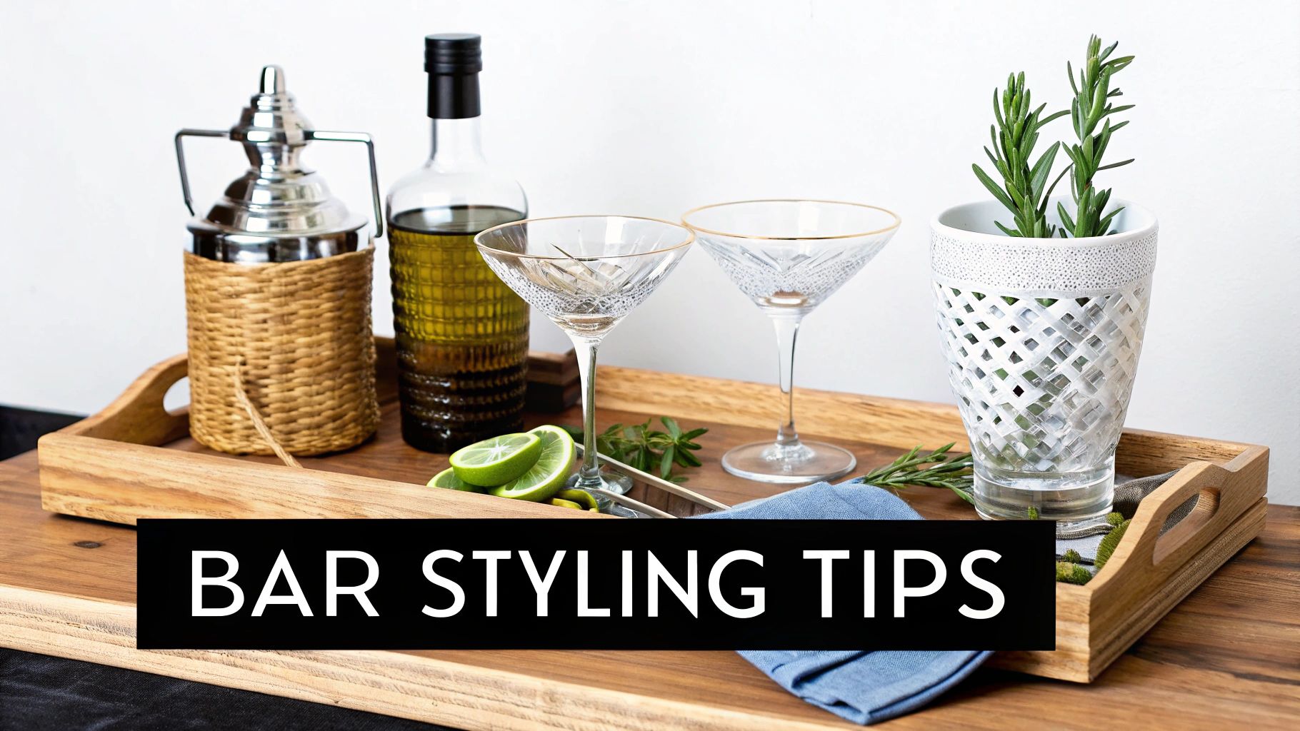 Beautifully styled bar tray with cocktail glasses, a shaker, bottle, fresh lime, and rosemary.