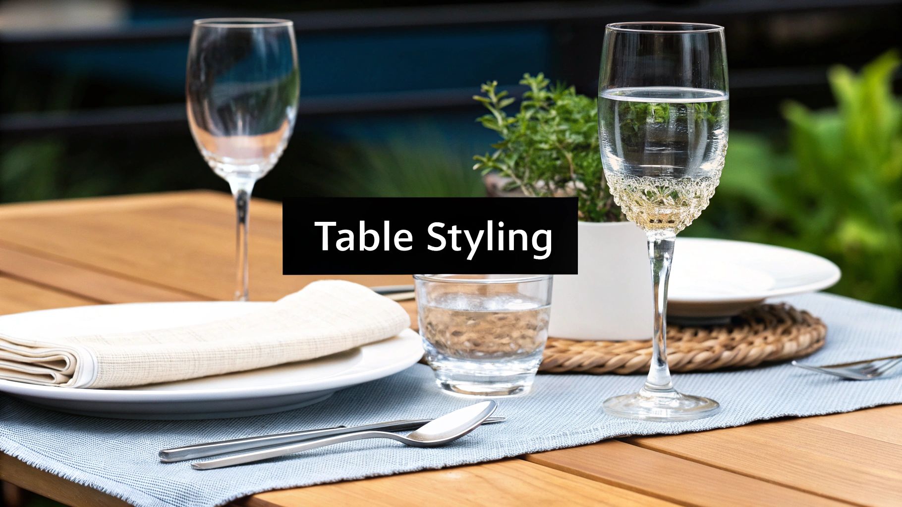 An outdoor table set for a meal, featuring elegant glassware, a white plate, and cutlery.