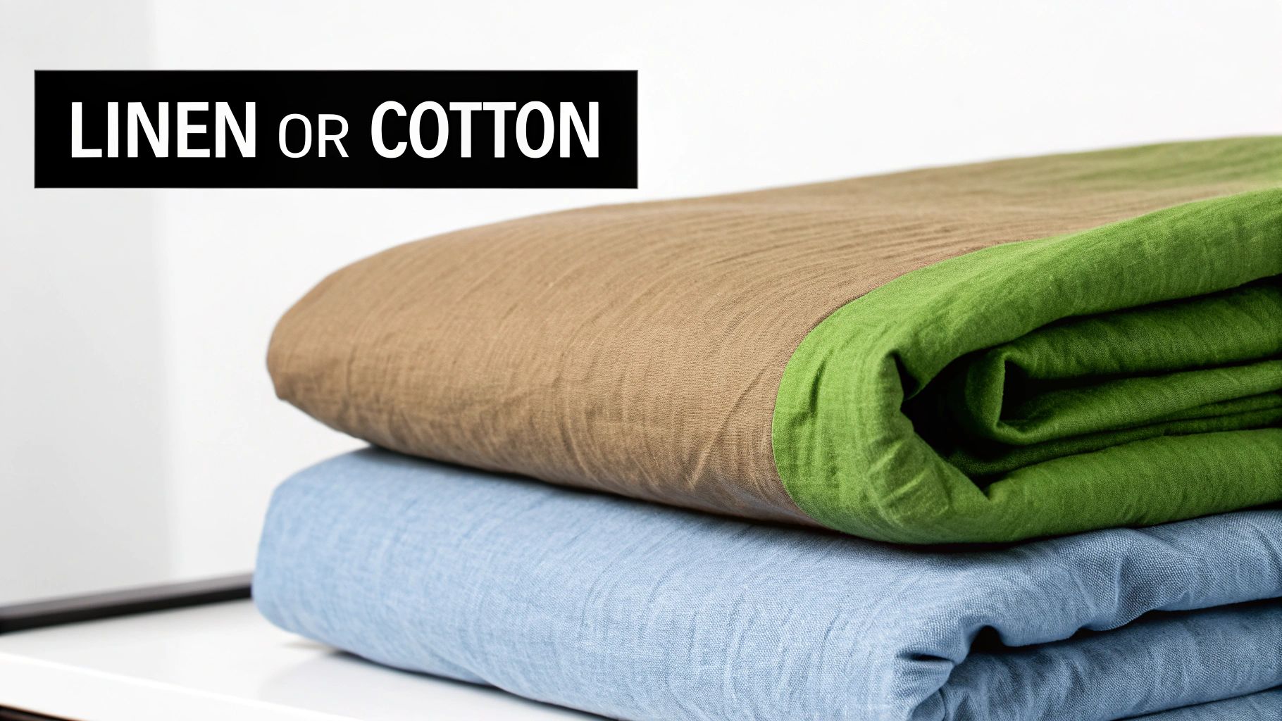 Stack of folded linen or cotton textiles in brown, green, and light blue colors.