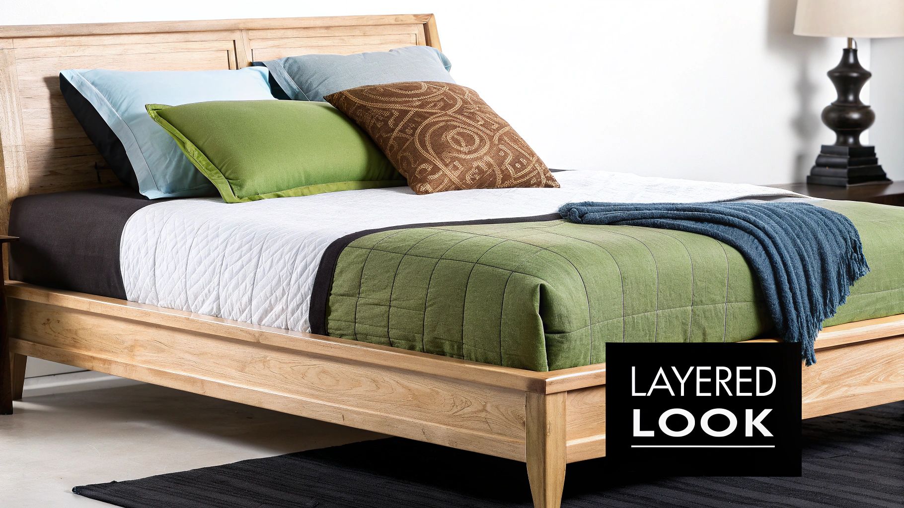 A wooden bed featuring layered bedding in green, white, blue, and brown, creating a stylish look.