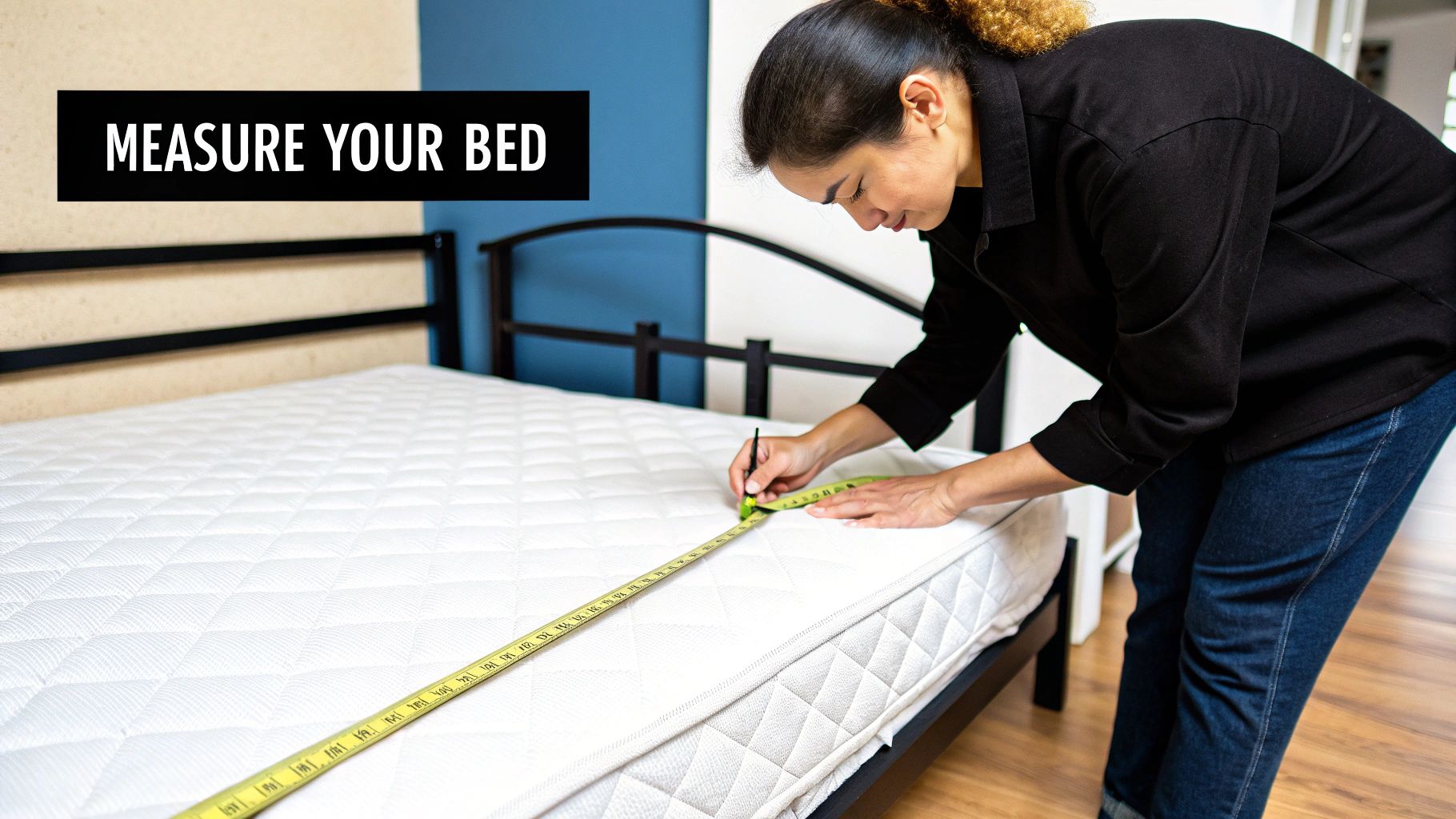 A person using a measuring tape to measure the width of a mattress.