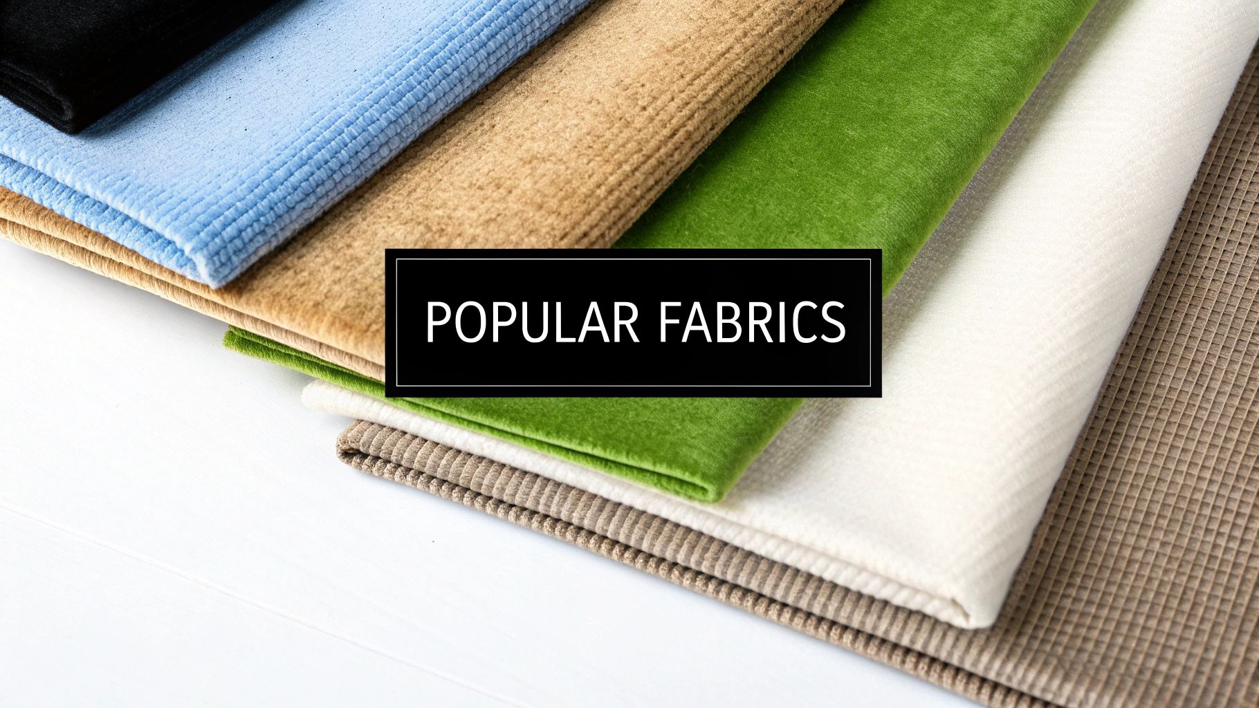 A close-up view of a neatly folded stack of popular fabrics in various colors and textures with a text overlay.