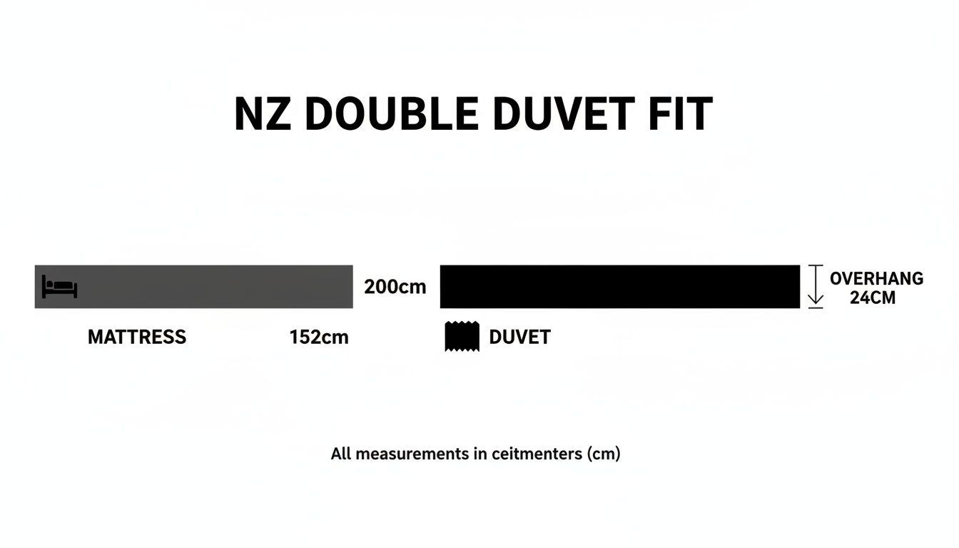 Diagram illustrating New Zealand double duvet fit with mattress and duvet dimensions in centimetres.