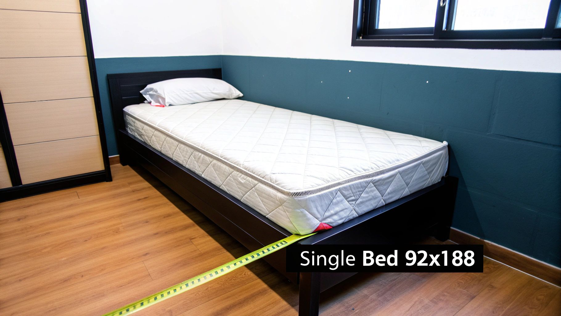 A child's single bed with colourful linen in a bright and playful bedroom.