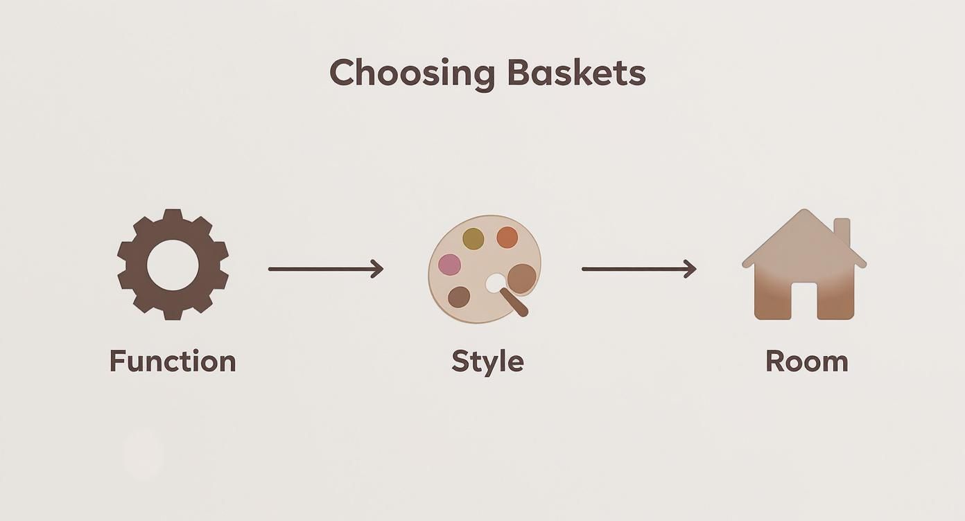 A diagram illustrating the process of choosing baskets based on function, style, and room.